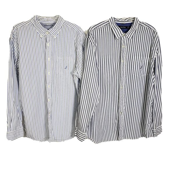 Nautica Lot 2 Mens Shirt Size XL White Blue Stripes Long Sleeve Button Up Pocket - Picture 1 of 9